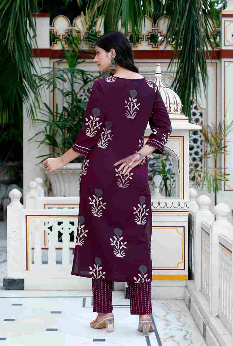 Purple Floral Cotton Kurta with Palazzo & Dupatta Set